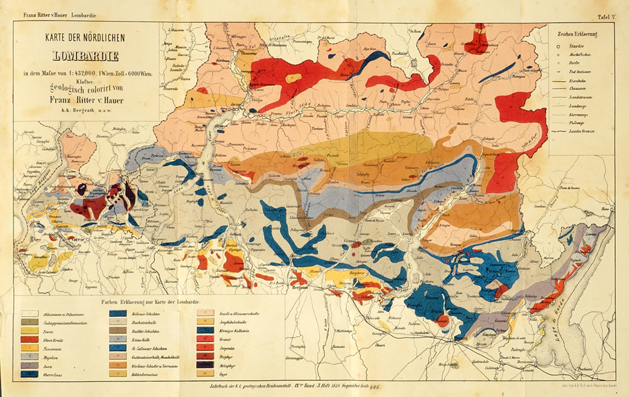 Franz von Hauer, Karte der nördlichen Lombardie. Da Jahrbuch der k. k. Geologischen Reichsanstalt, 9. Jahrgang, 1858