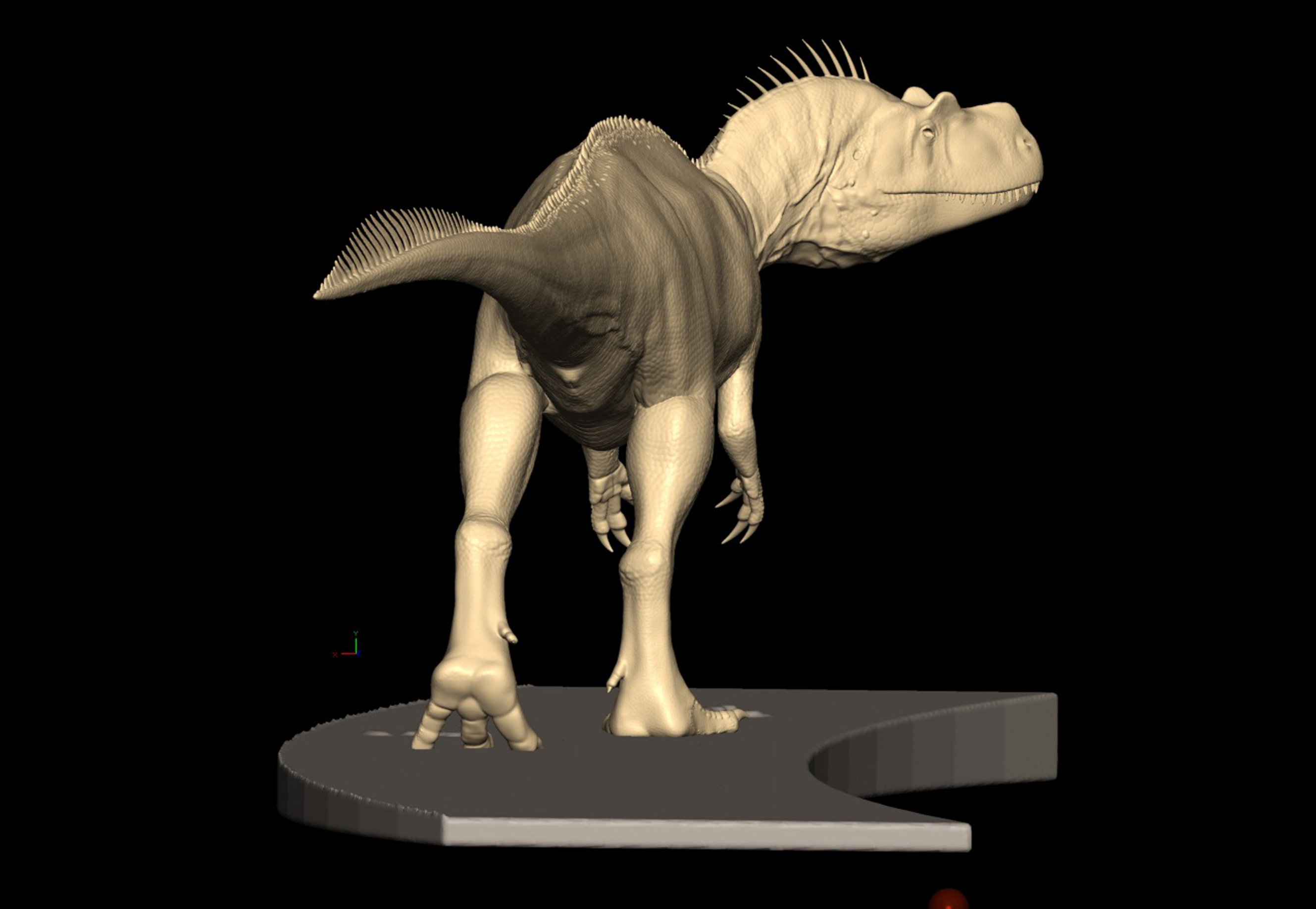Febbraio 2021. Il Saltriovenator virtuale modellato in 3D e montato su un rendering del basamento espositivo, nella sua posa definitiva. Modello di Davide Bonadonna.